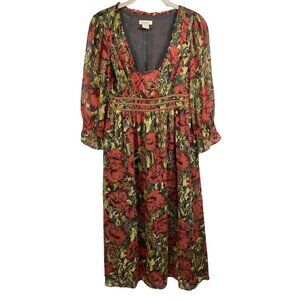 Sundance Silk Floral Midi Dress Empire Waist Fairy Core Dark Florals  Sz 2